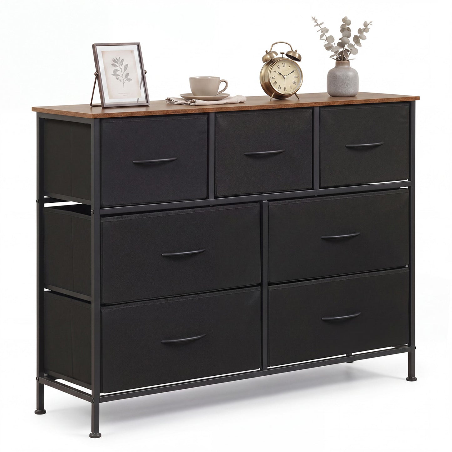 7-Drawer Wide Dresser with 2-Sized Folding Fabric Drawers for Bedroom-Black