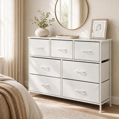 7-Drawer Wide Dresser with 2-Sized Folding Fabric Drawers for Bedroom-Black
