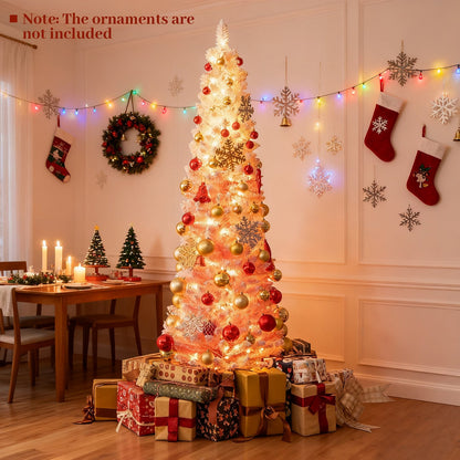 6 FTSnow-flocked Artificial Pink Christmas Tree Pre-lit Hinged Xmas Tree for Holiday Decoration