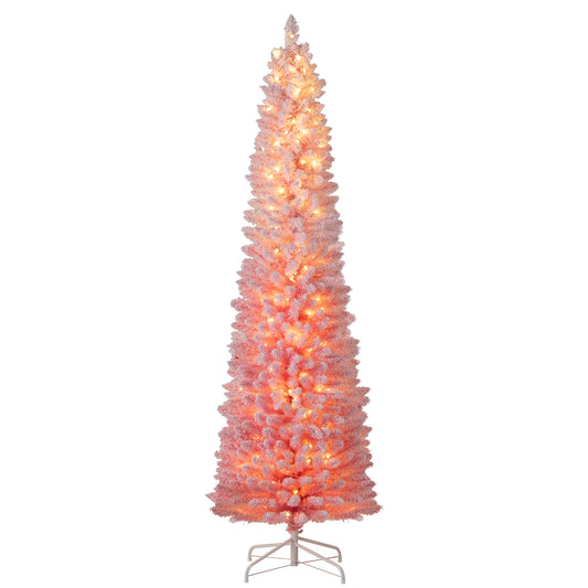 Pink snow-flocked artificial Christmas tree, 7 ft tall, pre-lit holiday decor with hinged design, by Wilsons Home Store.