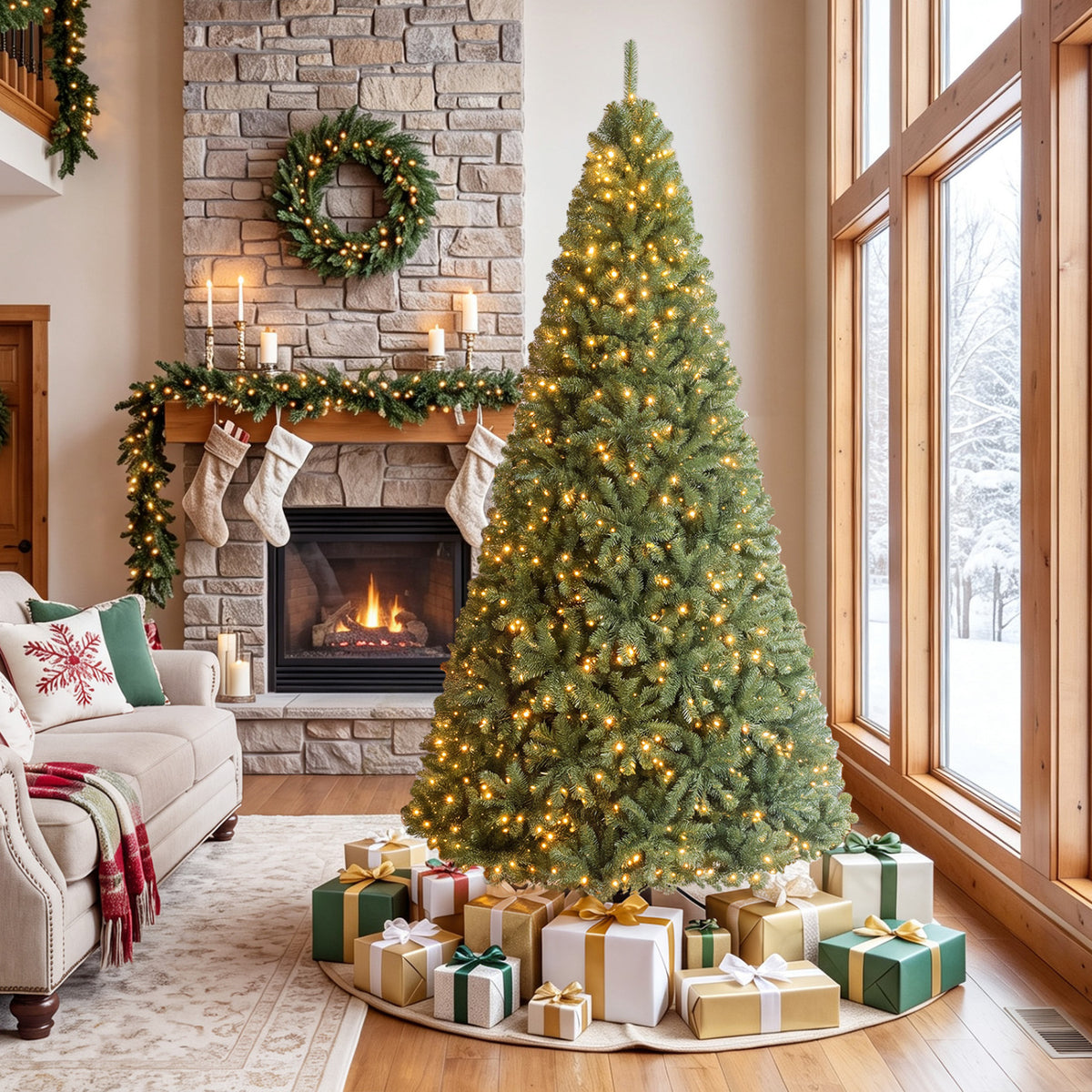 7 FT Artificial Christmas Tree with 2 Lighting Colors and Folding Metal Stand