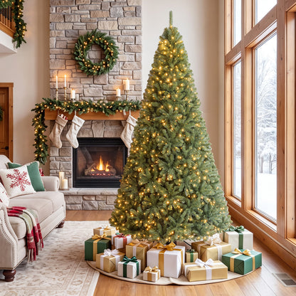 7 FT Artificial Christmas Tree with 2 Lighting Colors and Folding Metal Stand