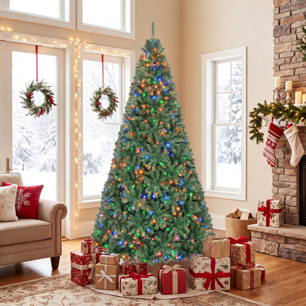7 FT Artificial Christmas Tree with 2 Lighting Colors and Folding Metal Stand
