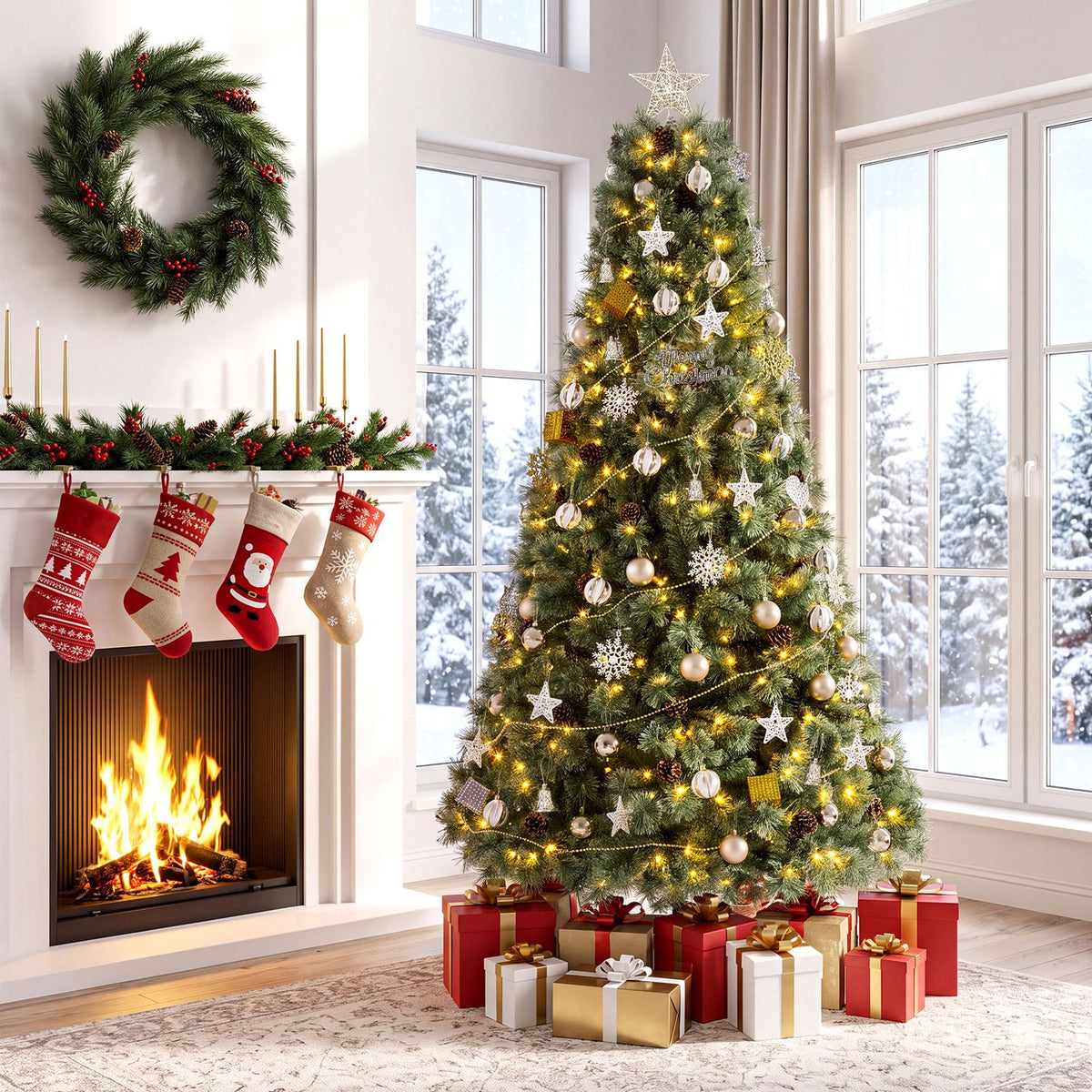 7 FT Artificial Christmas Tree Hinged Fully-Decorated with 238/360/524 Blossom Pine Needles
