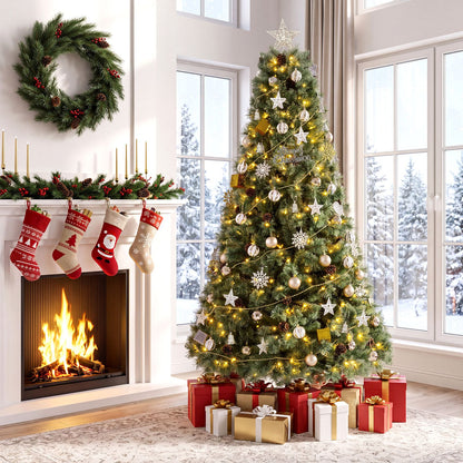 7 FT Artificial Christmas Tree Hinged Fully-Decorated with 238/360/524 Blossom Pine Needles