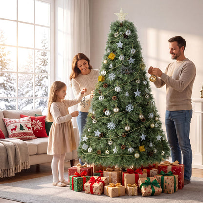 7 FT Artificial Christmas Tree Hinged Fully-Decorated with 238/360/524 Blossom Pine Needles