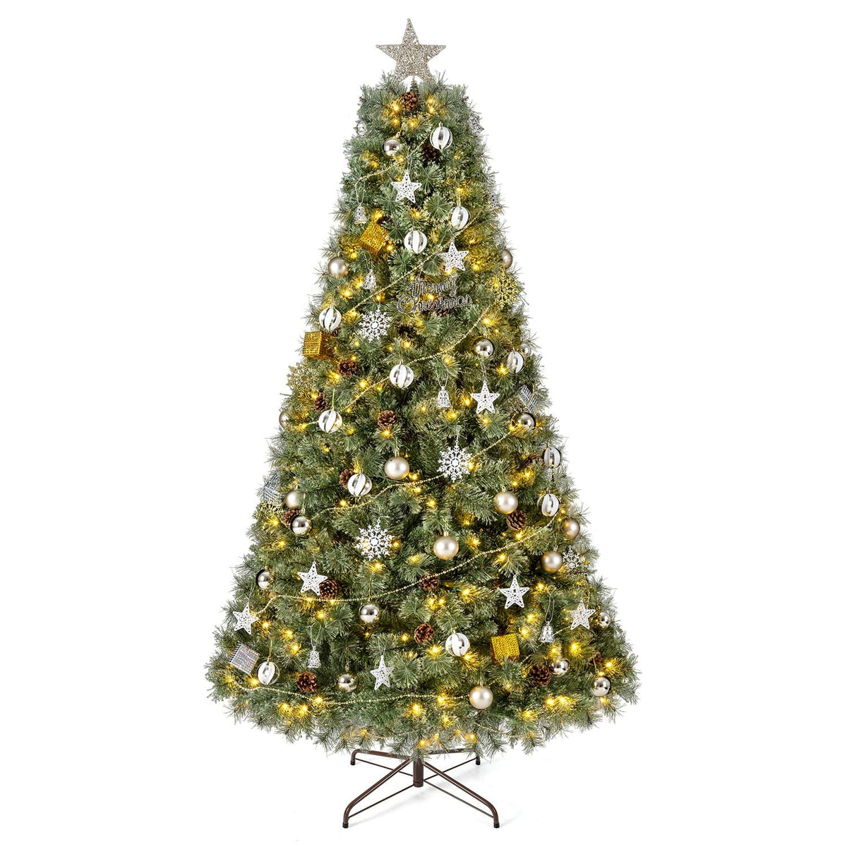 7 FT Artificial Christmas Tree Hinged Fully-Decorated with 238/360/524 Blossom Pine Needles