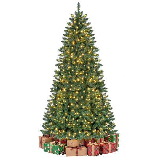 7-foot artificial half Christmas tree with pre-lit lights, hinged branches, ideal for holiday decorating, from Wilsons Home Store.