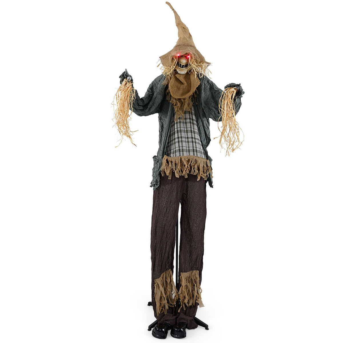 7 ft Halloween scarecrow decoration with light-up eyes, animated standing figure for haunted house holiday decor