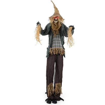 7 ft Halloween scarecrow decoration with light-up eyes, animated standing figure for haunted house holiday decor