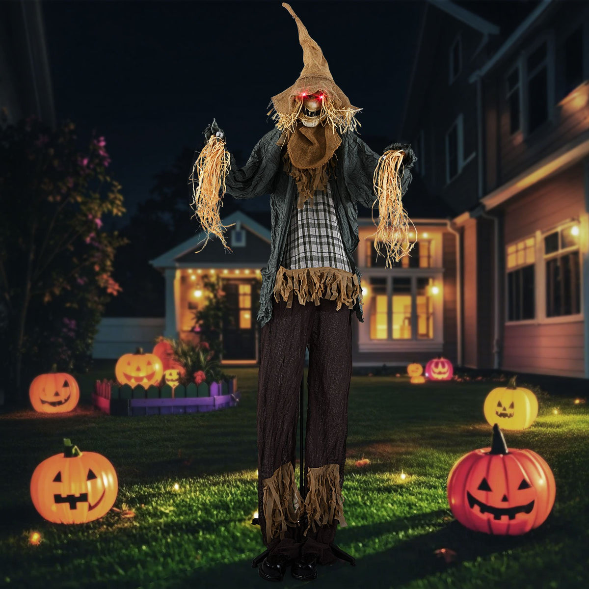 7 ft Halloween scarecrow decoration with light-up eyes, animated standing figure for haunted house holiday decor