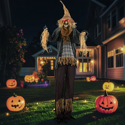 7 ft Halloween scarecrow decoration with light-up eyes, animated standing figure for haunted house holiday decor