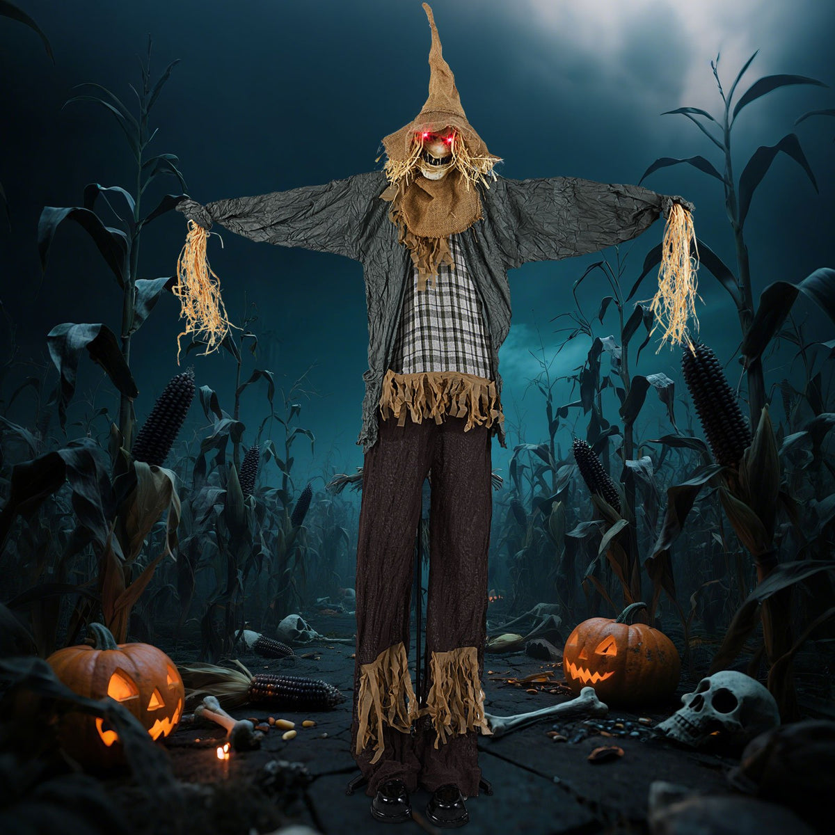 7 ft Halloween animated scarecrow decoration with light-up eyes, ideal for haunted houses and spooky holiday decor