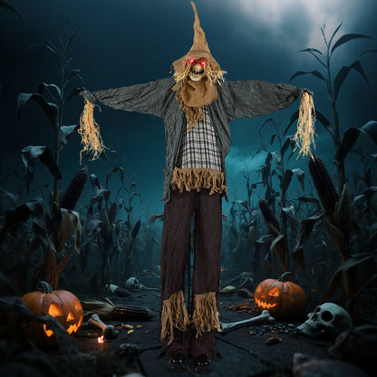 7 ft Halloween animated scarecrow decoration with light-up eyes, ideal for haunted houses and spooky holiday decor