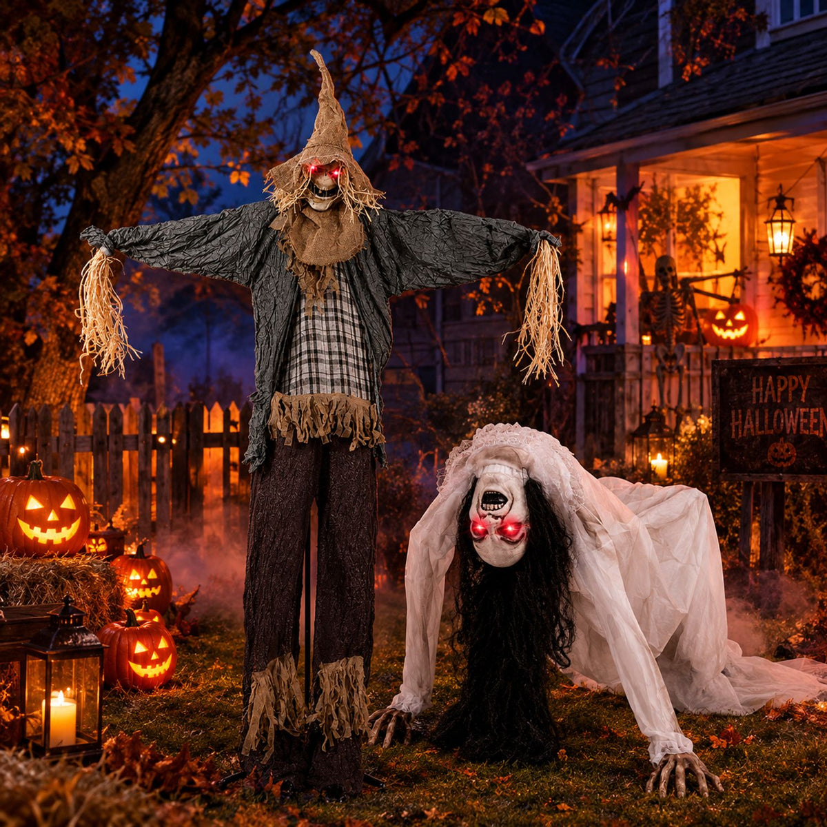 7-foot Halloween scarecrow and crawling woman ghost holiday decor by Wilsons Home Store with spooky, detailed figures.