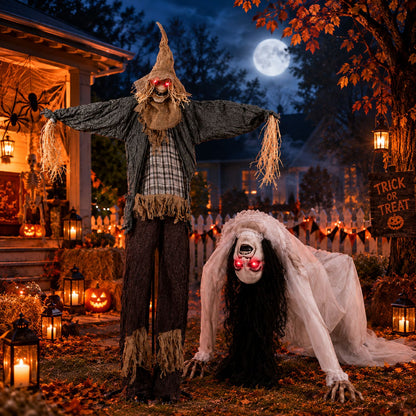 7 ft Halloween standing scarecrow and crawling woman ghost decoration by Wilsons Home Store, spooky holiday outdoor decor