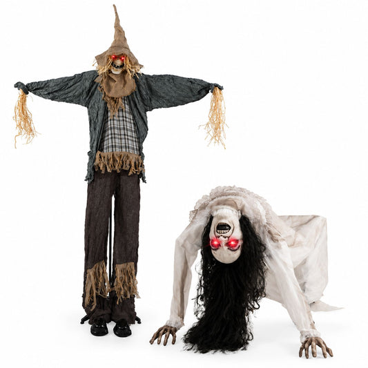 7 ft Halloween scarecrow and crawling woman ghost Halloween decor by Wilsons Home Store, spooky outdoor holiday decoration