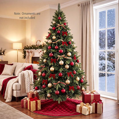 7 ft artificial Christmas tree with 1200 full branch tips and folding metal stand, from Wilsons Home Store holiday decor.
