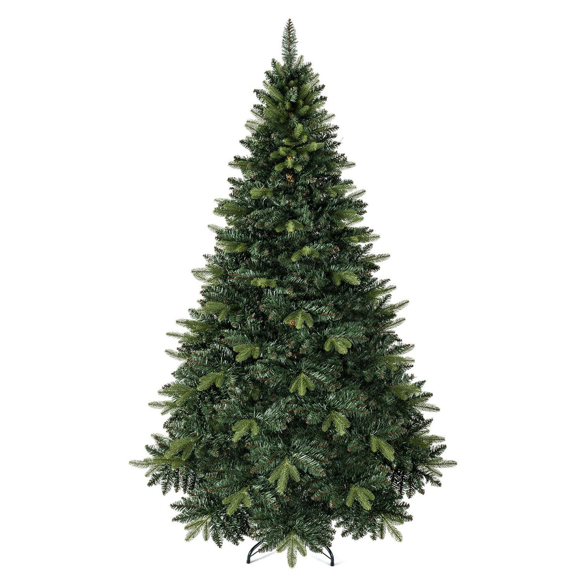 7 ft artificial Christmas tree with 1200 full branch tips and folding metal stand, decorated for holiday season.