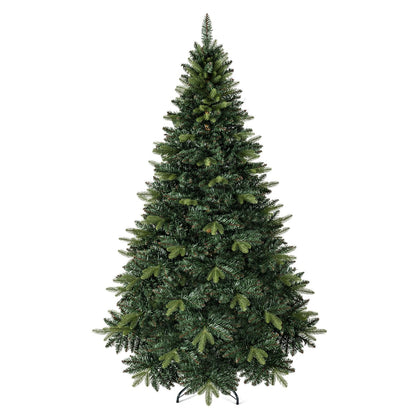 7 ft artificial Christmas tree with 1200 full branch tips and folding metal stand, decorated for holiday season.