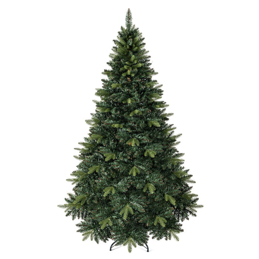 7 ft artificial Christmas tree with 1200 full branch tips and folding metal stand, decorated for holiday season.