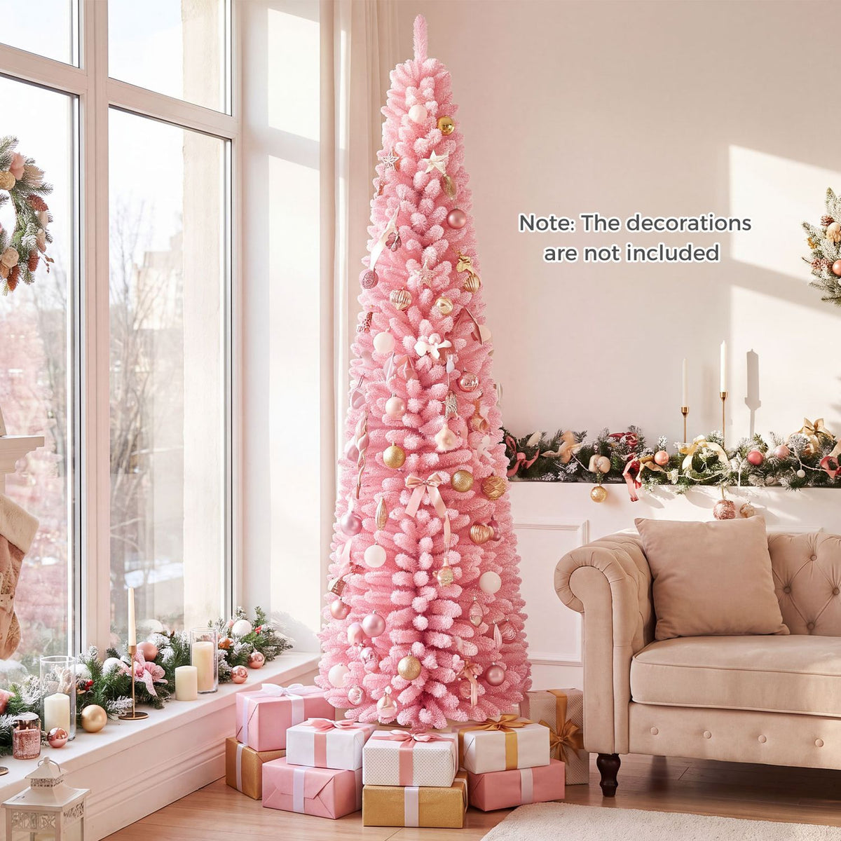 7 ft pink artificial Christmas tree with 575 snow-flocked PVC branch tips, holiday decor by Wilsons Home Store