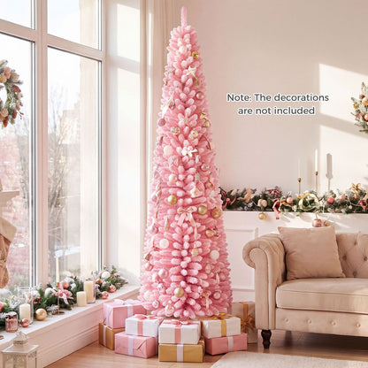 7 ft pink artificial Christmas tree with 575 snow-flocked PVC branch tips, holiday decor by Wilsons Home Store