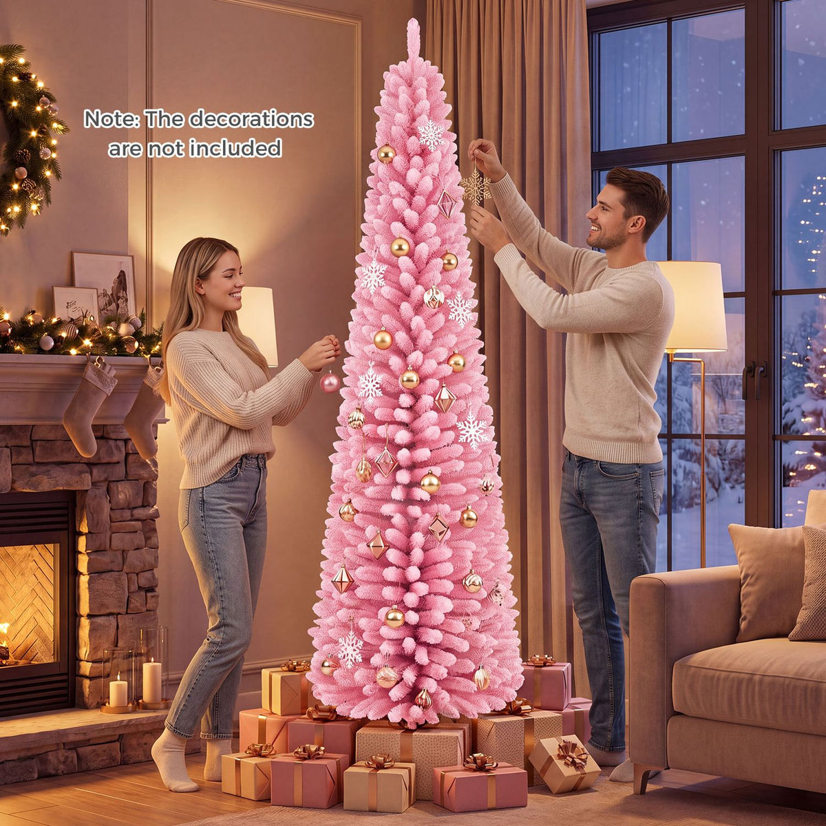 7-foot pink artificial Christmas tree with 575 snow-flocked PVC branches, ideal for festive holiday decor.