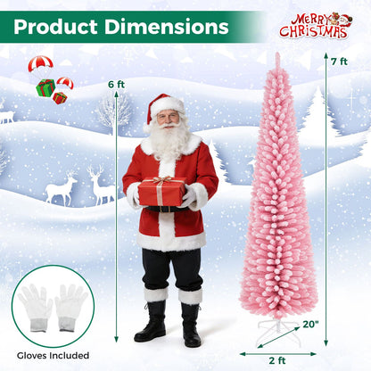 7-foot pink artificial Christmas tree with 575 snow-flocked PVC branch tips, designed for holiday and Christmas decor.