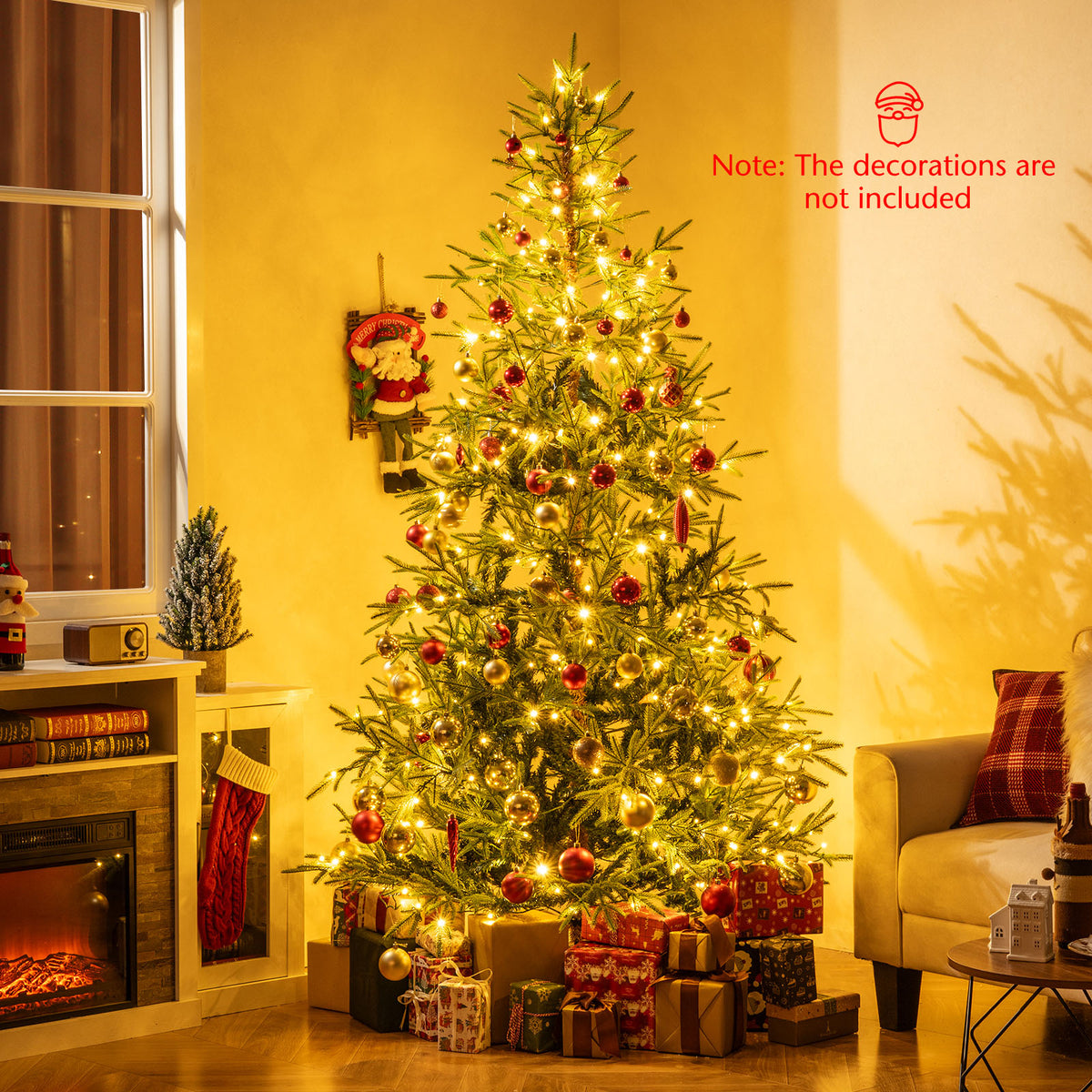7 FT Pre-Lit Artificial Christmas Tree Hinged Xmas Tree with 300 Warm White & Multicolored LED Lights