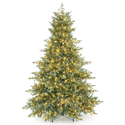 7 ft pre-lit artificial Christmas tree with 460 warm white LED lights, decorated for holiday season, from Wilsons Home Store