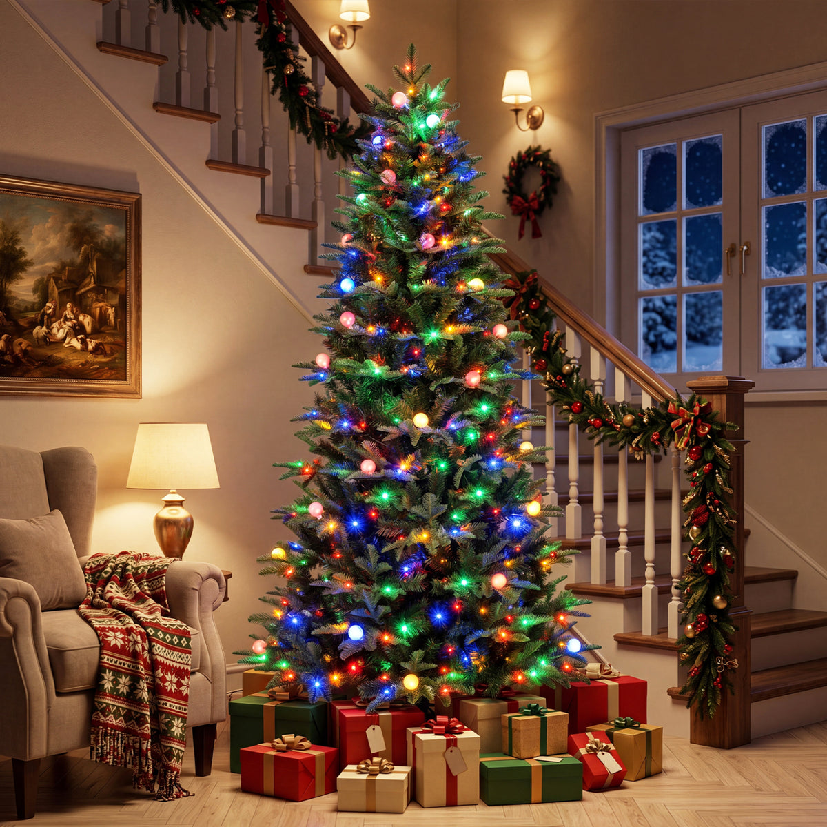 7 FT Pre-Lit Artificial Christmas Tree with Globe LED Lights