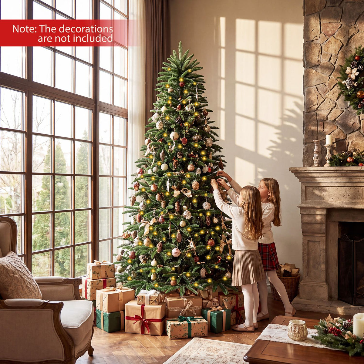 7 FT Pre-Lit Artificial Christmas Tree with 3 Gift Boxes and 1050 Lush Branch Tips