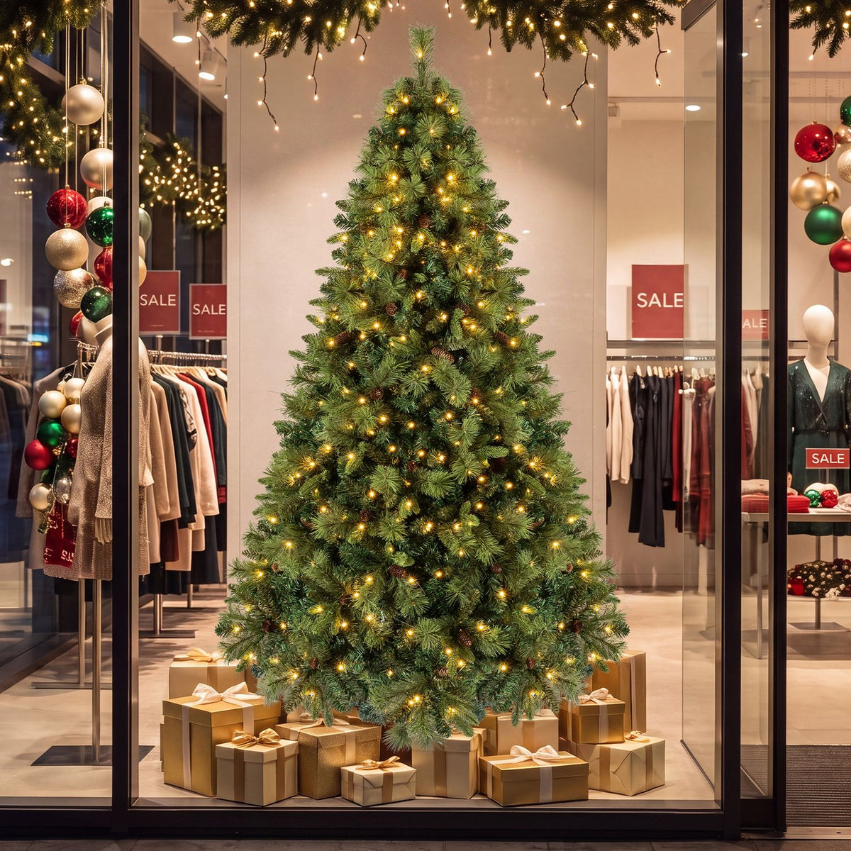 7 FT Pre-Lit Artificial Christmas Tree with 310/400/515 Warm White LED Lights and 8-Mode