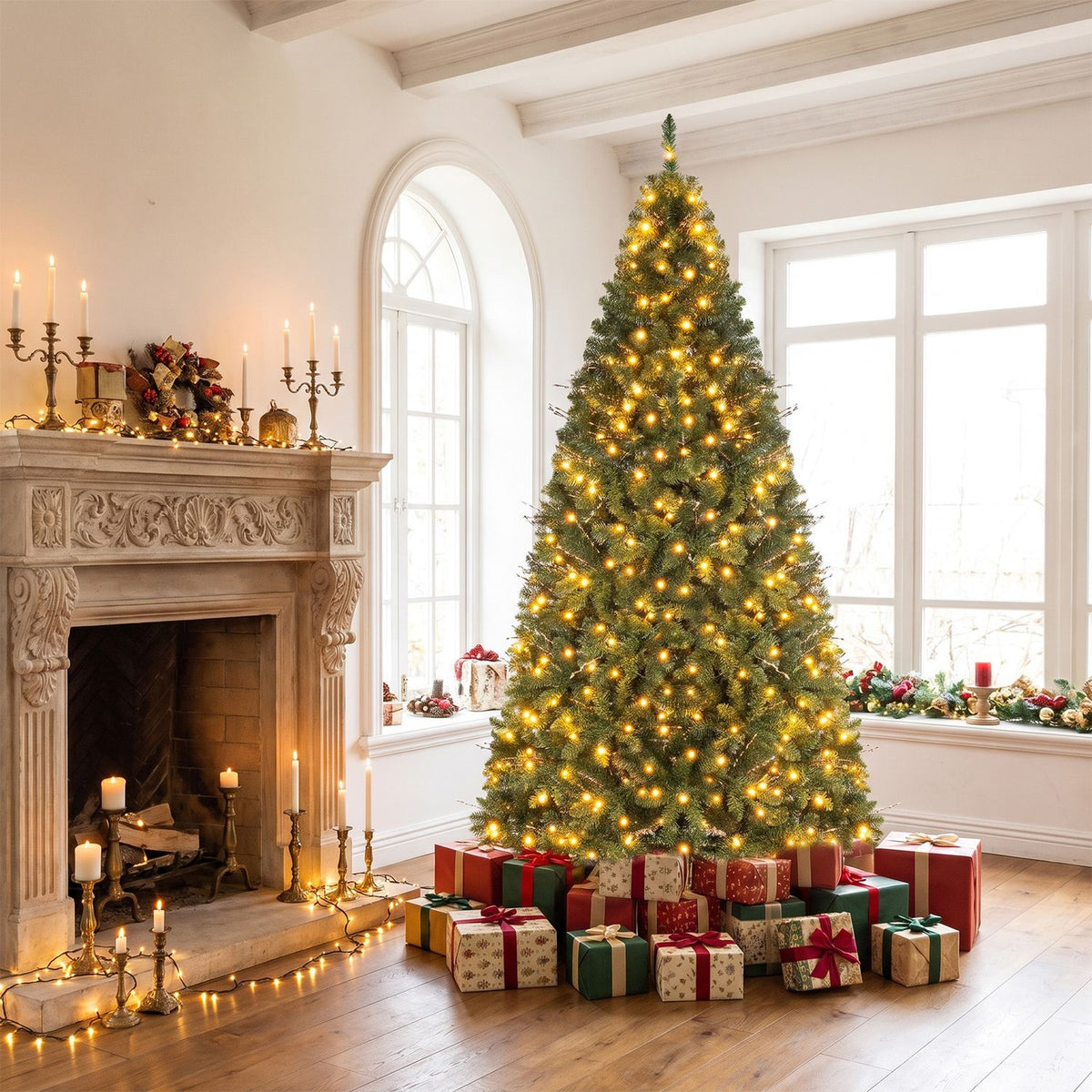 7 FT Pre-Lit Artificial Christmas Tree wIth 350 Adjustable Warm LED Lights