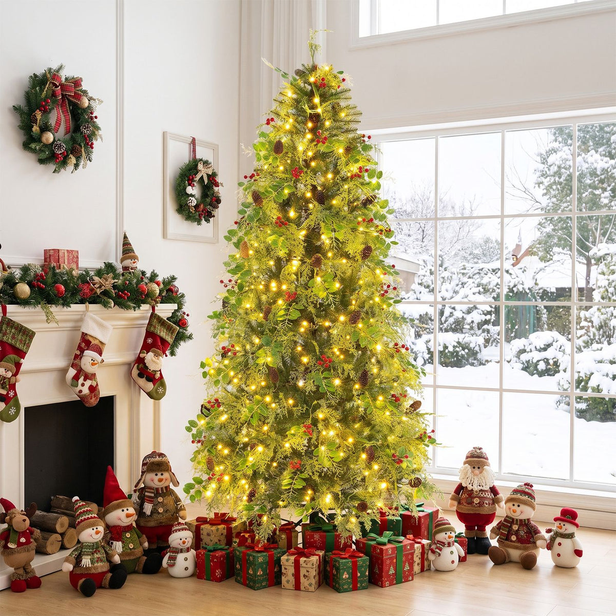7 FT Pre-Lit Artificial Christmas Tree with Warm White and Multicolor LED Lights for Indoor