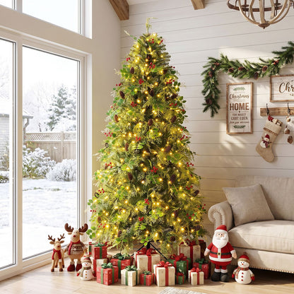 7 FT Pre-Lit Artificial Christmas Tree with Warm White and Multicolor LED Lights for Indoor