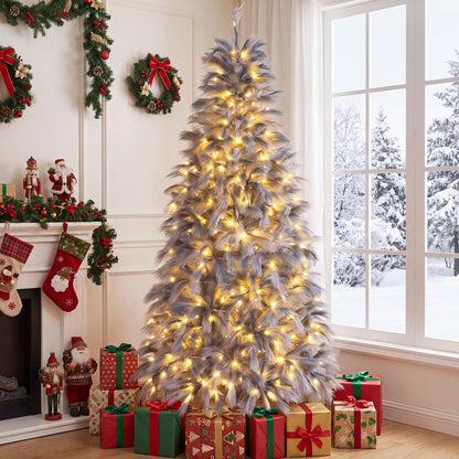 7 FT Pre-Lit Christmas Tree with Feather-Inspired Branch Tips