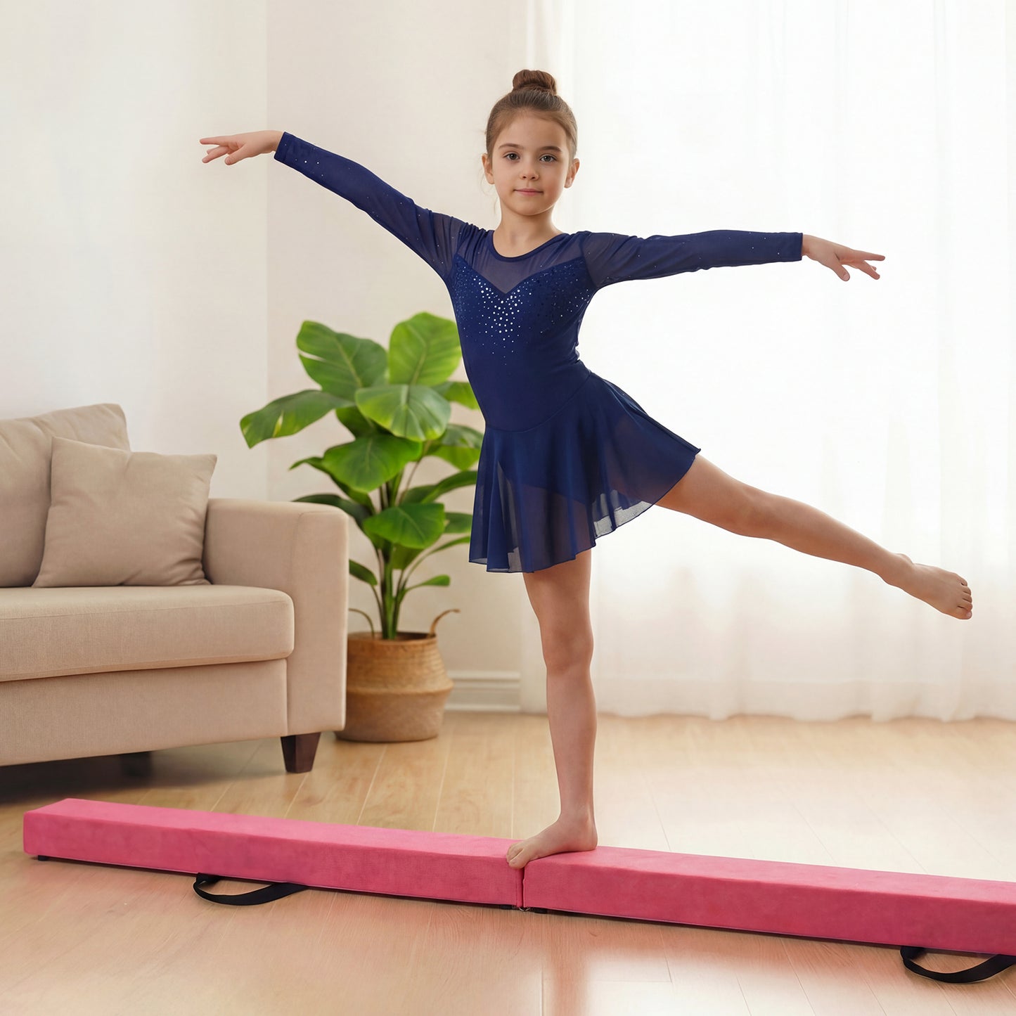 7 Feet Folding Portable Floor Balance Beam with Handles for Gymnasts-Rose
