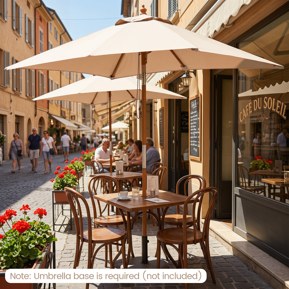 Beige 7-foot outdoor rectangular patio umbrella with adjustable heights, perfect for patio shading by Wilsons Home Store.