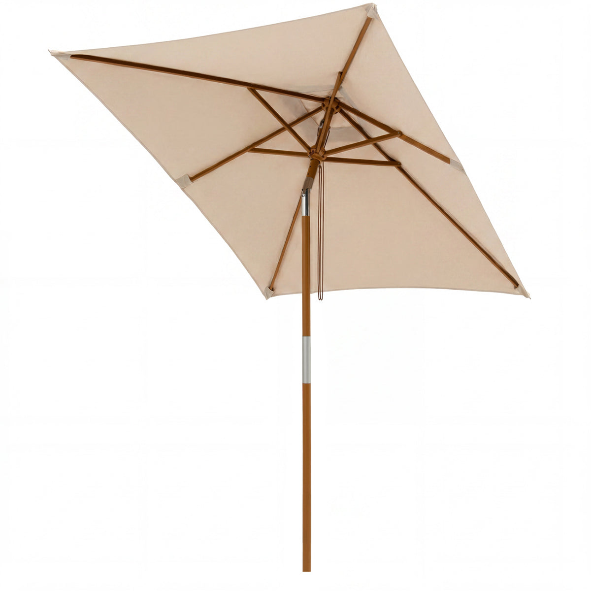 Beige 7-foot outdoor rectangular patio umbrella with adjustable heights, perfect for shading outdoor seating areas.