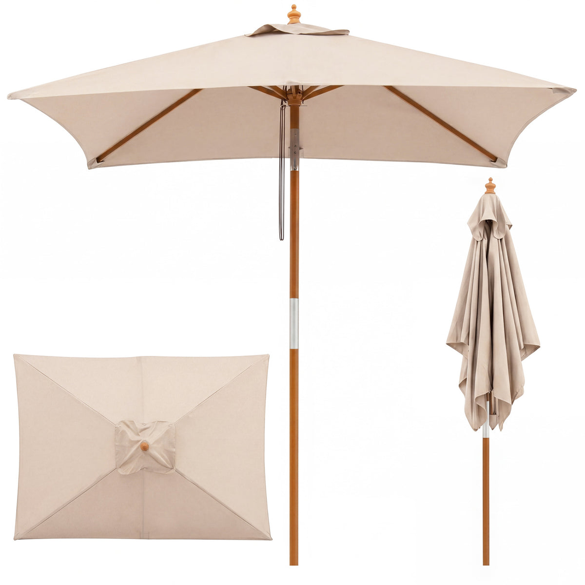 Beige 7-foot outdoor rectangular patio umbrella with adjustable heights, ideal for shaded outdoor spaces.