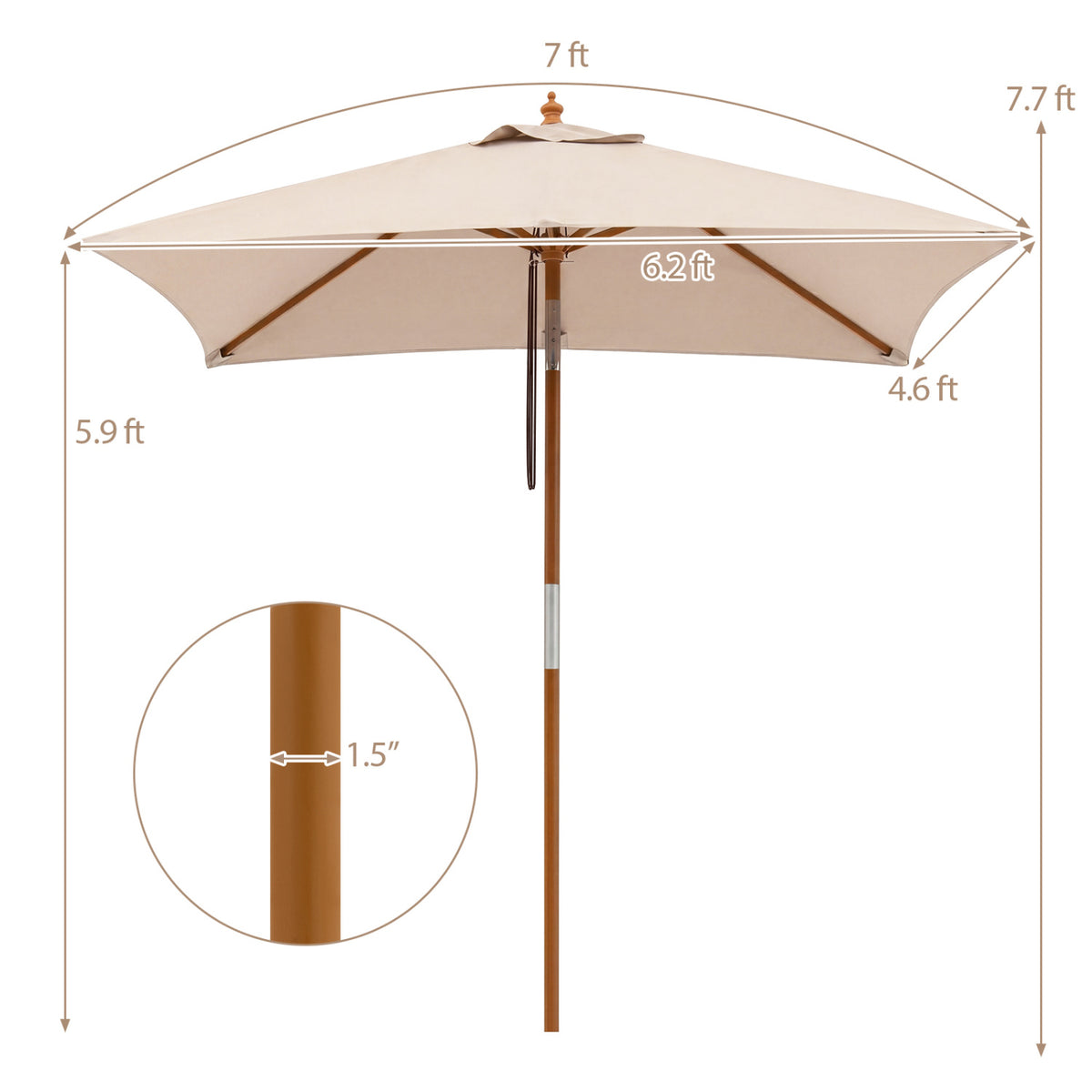 Beige 7-foot outdoor rectangular patio umbrella with adjustable heights, ideal for outdoor shade and relaxation.