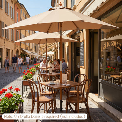 Beige 7-foot outdoor rectangular patio umbrella with three adjustable heights, providing shade for outdoor spaces.