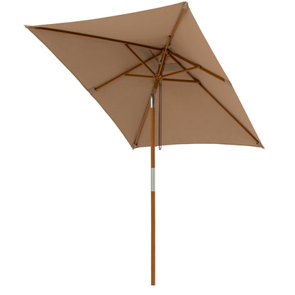 Beige 7-foot outdoor rectangular patio umbrella with adjustable heights, designed for shade and outdoor comfort.