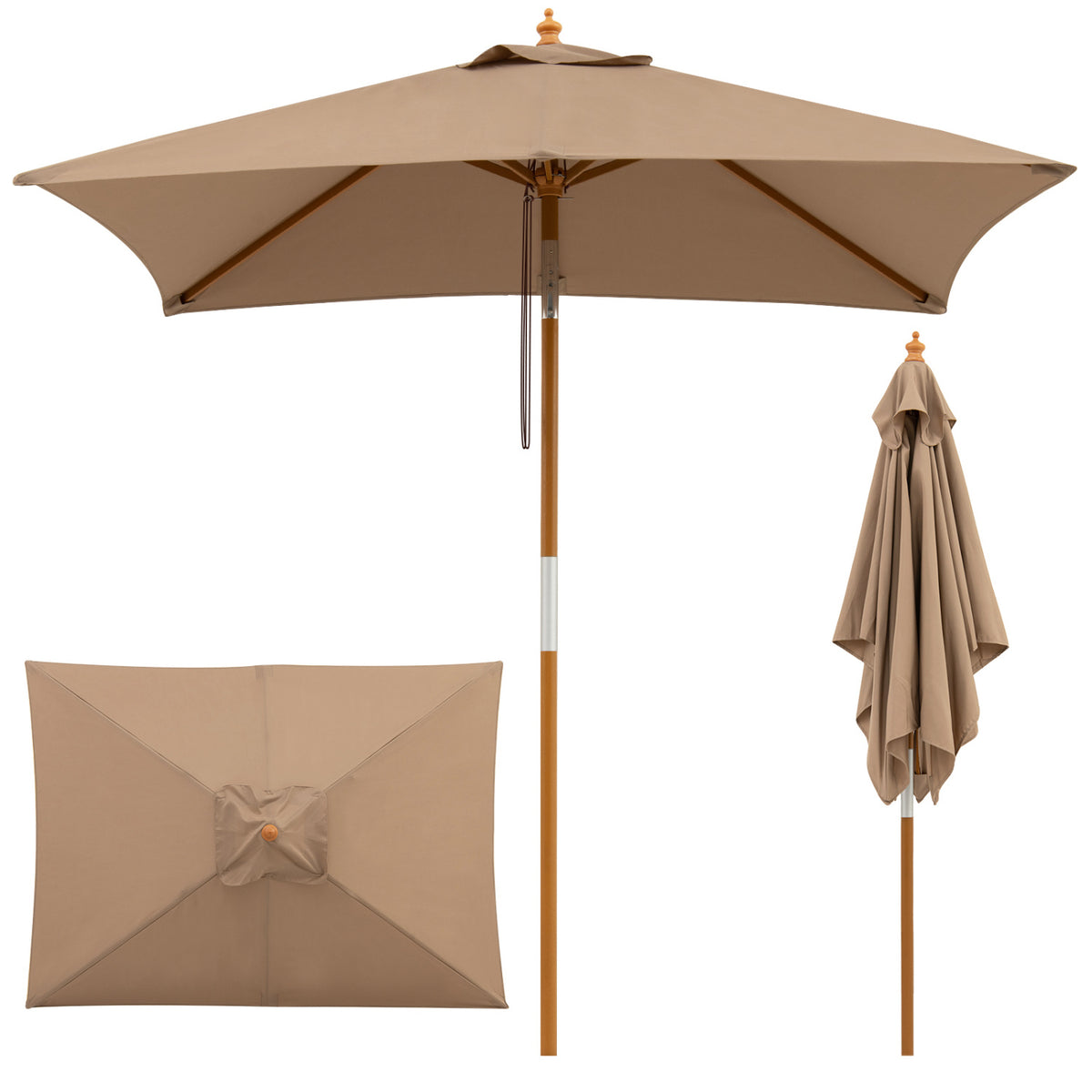 7-foot beige outdoor rectangular patio umbrella with adjustable heights, providing shade for outdoor seating areas.