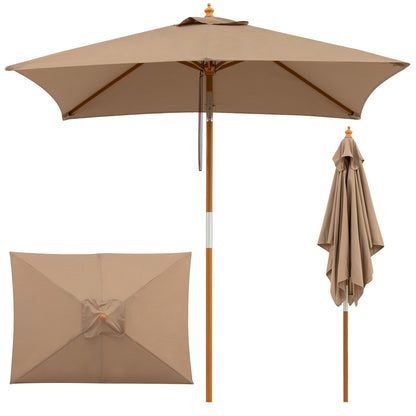 7-foot beige outdoor rectangular patio umbrella with adjustable heights, providing shade for outdoor seating areas.