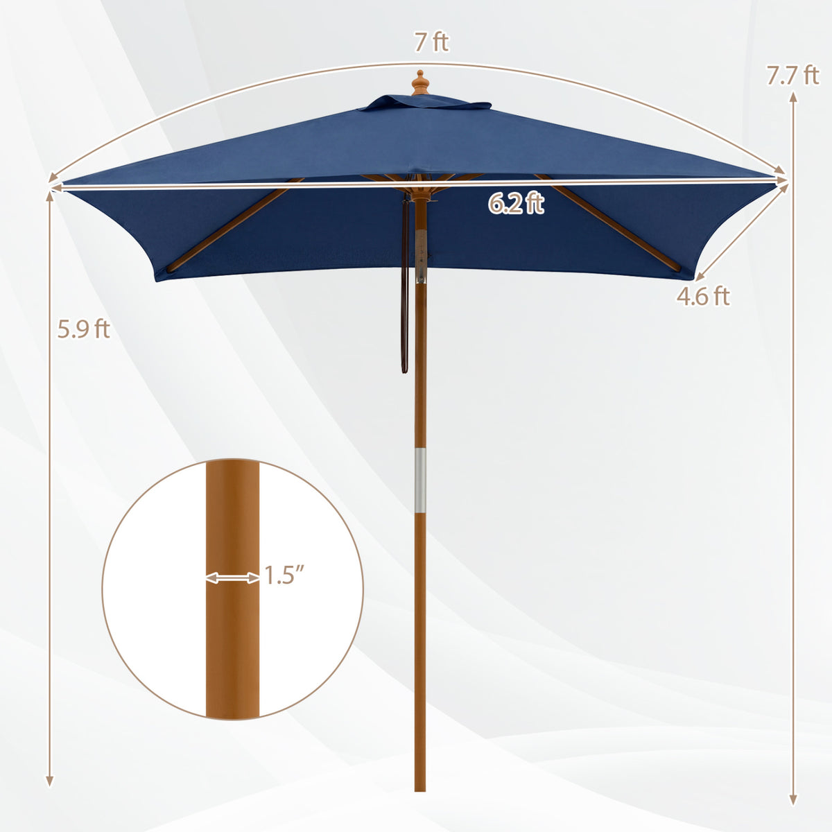 Beige 7-foot outdoor rectangular patio umbrella with adjustable heights, perfect for outdoor shades and shade coverage.