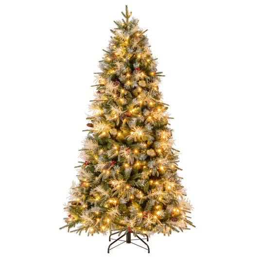 7 Feet Pre-Lit Artificial Christmas Tree with 8 Modes LED Lights with Berries