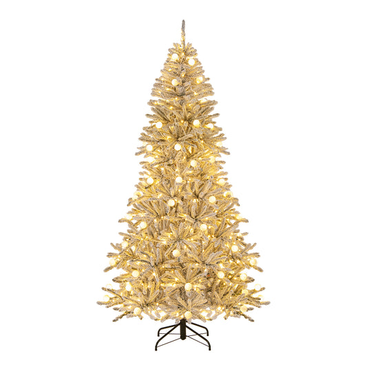 7-foot snow-flocked artificial Christmas tree with sphere lights, pre-lit and hinged, topped with a remote control for holiday decor.